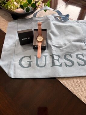 GUESS Bubble Watch and Light Blue Canvas Guess Tote